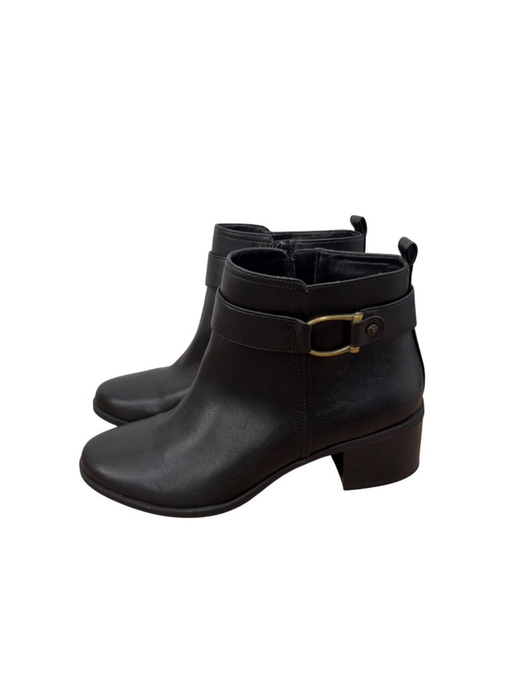 Anne Klein Women Black Ankle Block Heeled Boots Side Zipper Buckle Detail SZ 9M